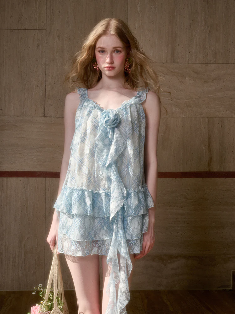 Lace Flower Ruffle Camisole Dress