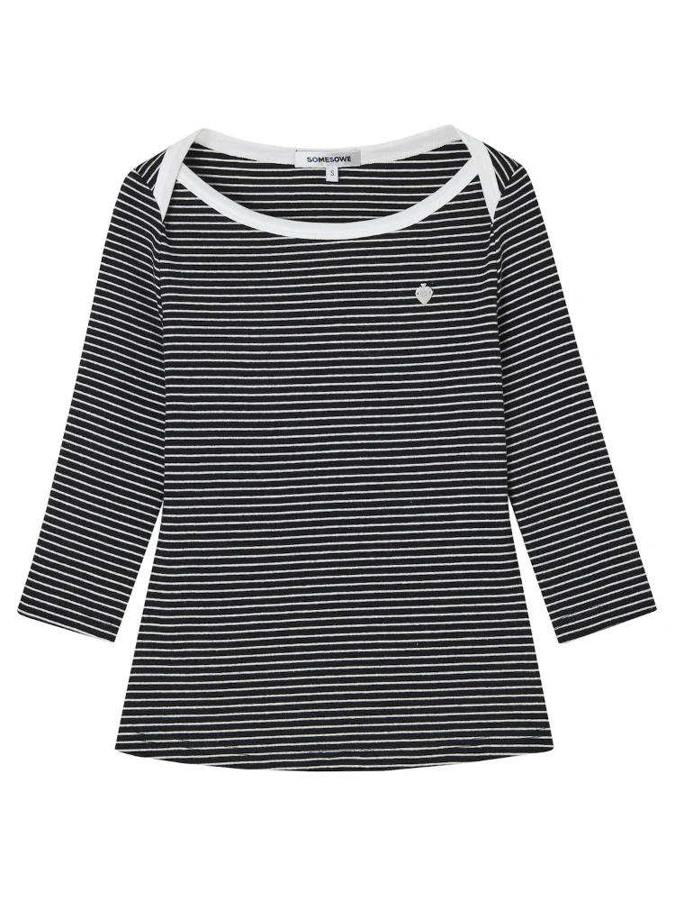 Envelope Neck Mid-sleeve Striped T-Shirt