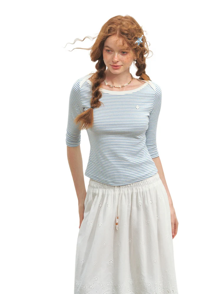 Envelope Neck Mid-sleeve Striped T-Shirt