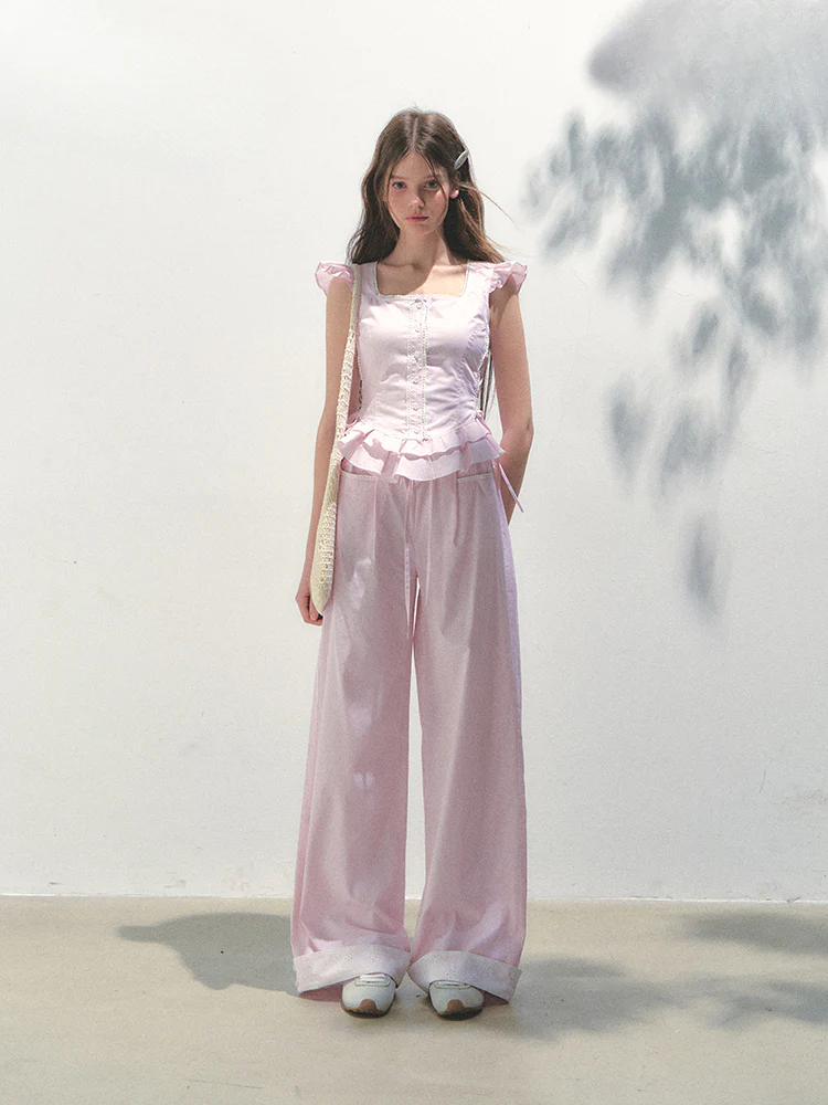 Vertical Striped Drawstring Waist Pink - Blue Pants