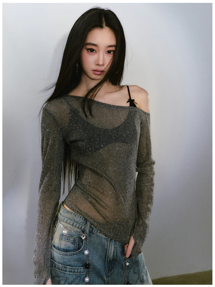 Hot-fix Rhinestone Asymmetric Shoulder Fitted T-shirt