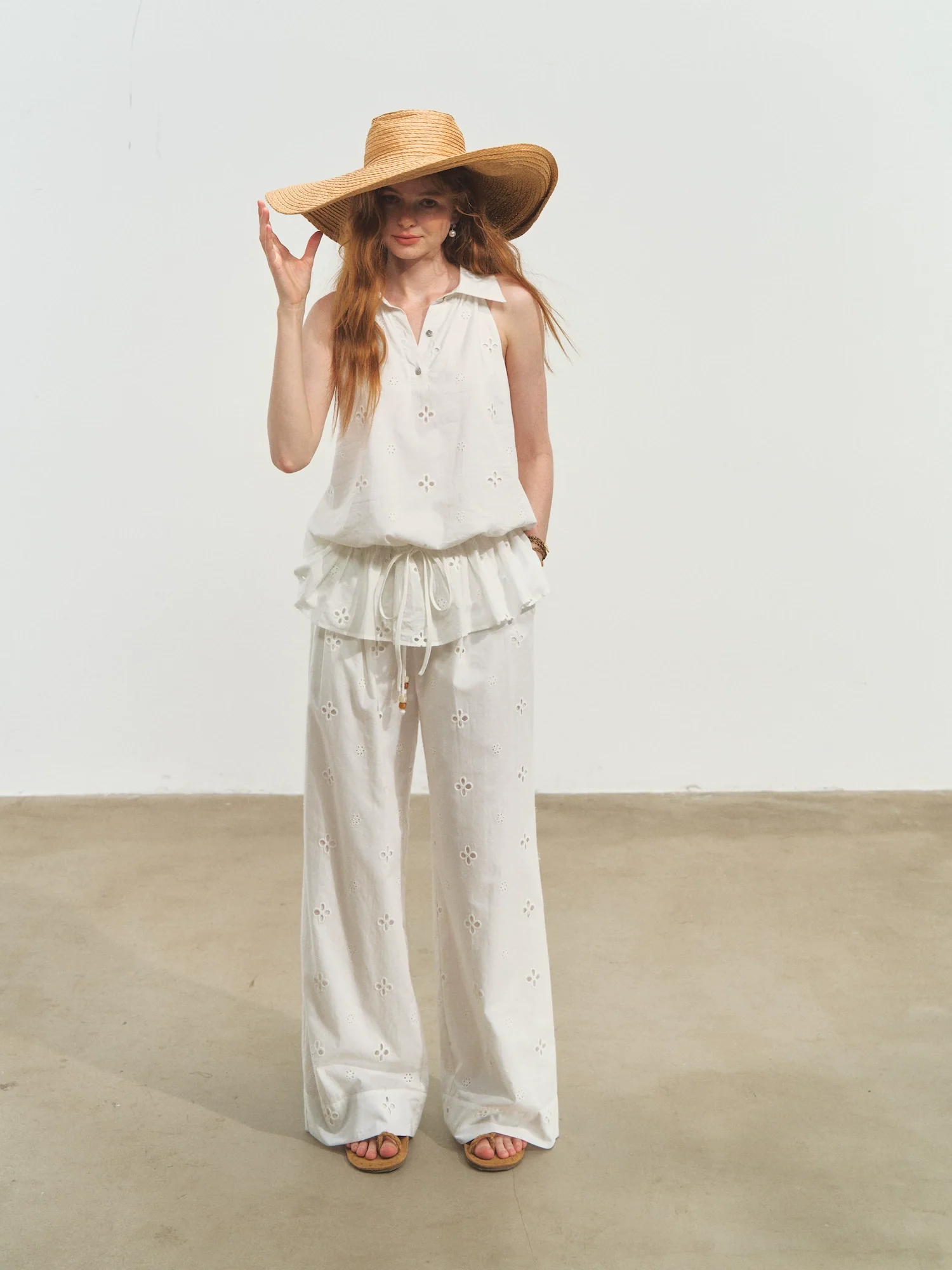 High-Waisted Drawstring Straight Wide-Leg Pants