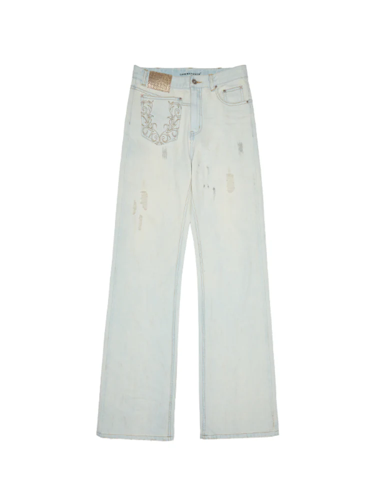 Light Blue Mud - Dyed Floral Embroidered Jeans