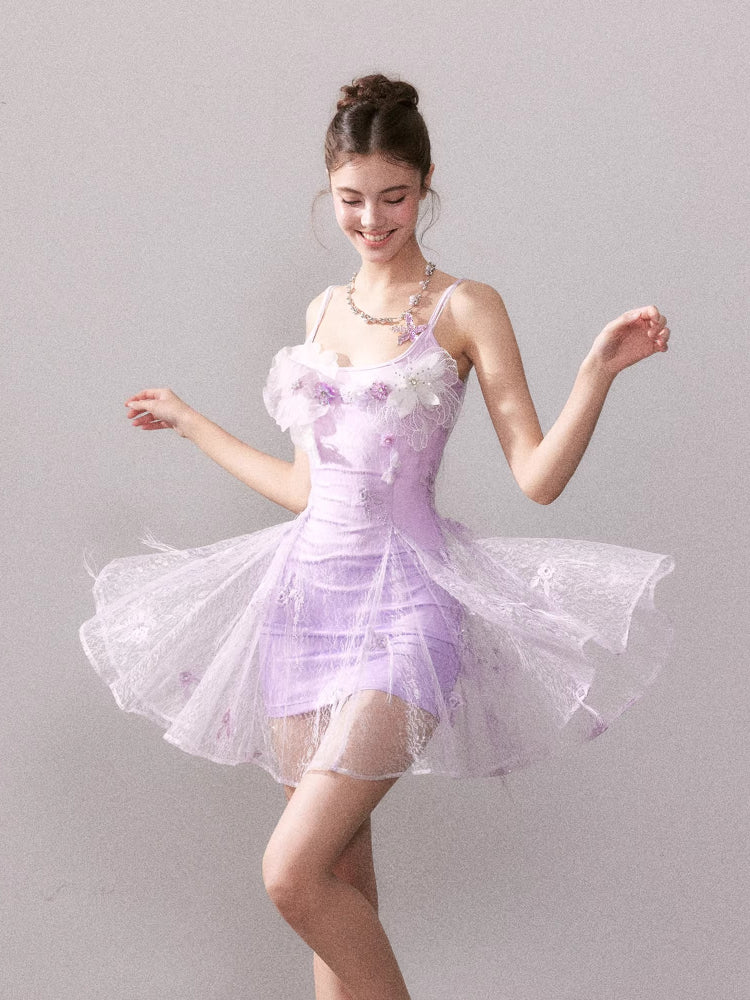 Purple Gradient Embroidered Lace Dress