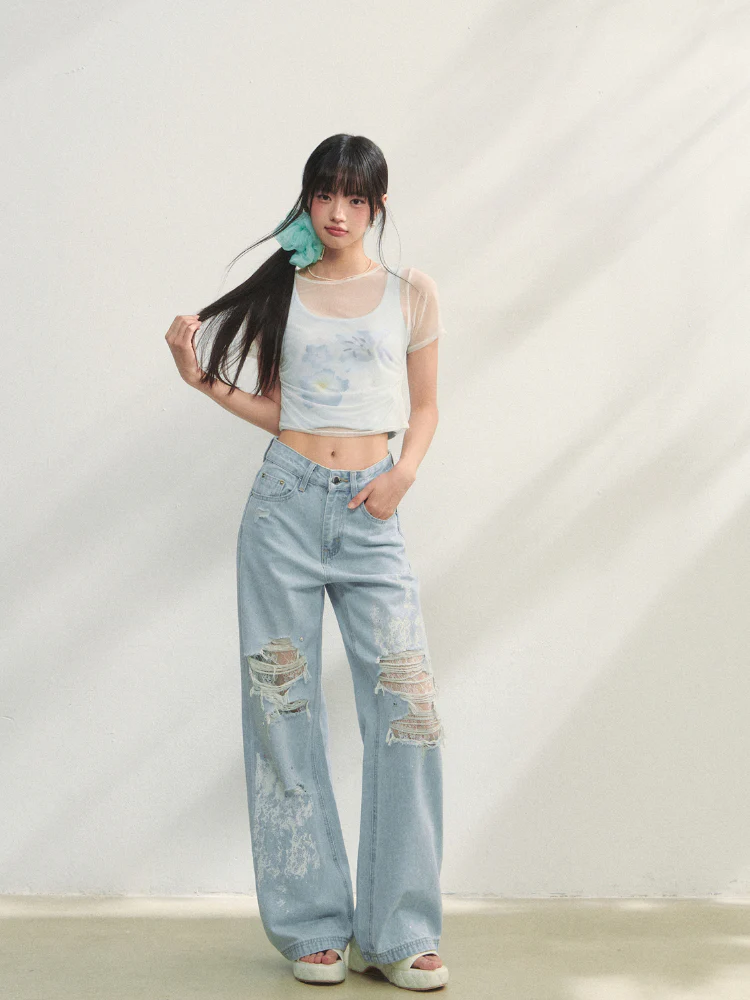 Lace-Trimmed Printed Rhinestone-Embellished Jeans