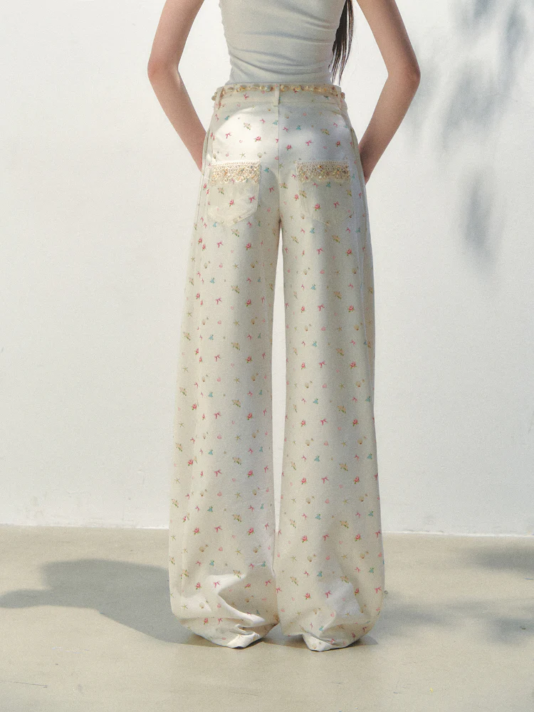 Ocean Print Straight-leg Pants
