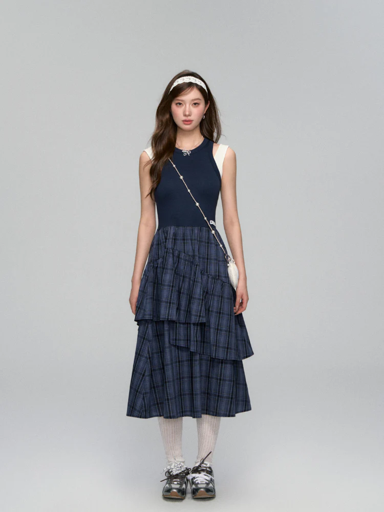Plaid Asymmetric Sleeveless Vest Dress