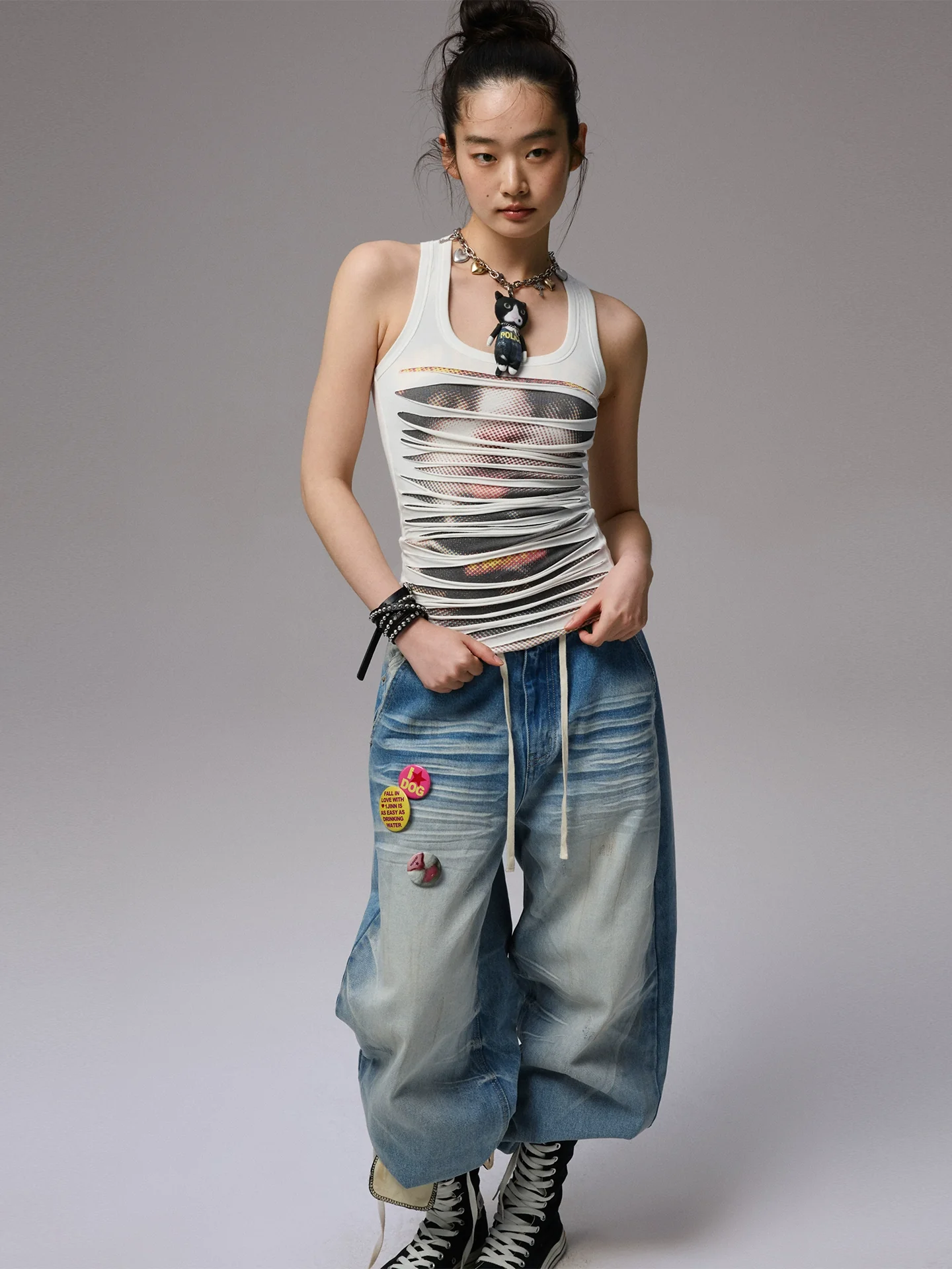 Irregular Hole-Ripped Double-Layer Halter Neck Tank Top