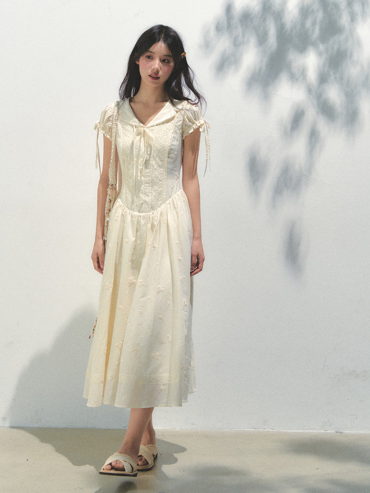 Embroidered Shirt-Collar Tea-Break Dress