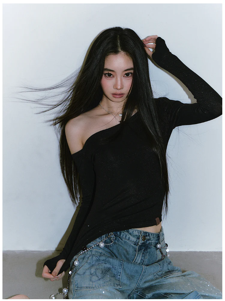Shimmer Asymmetric Shoulder Irregular T-shirt