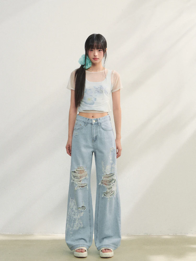 Lace-Trimmed Printed Rhinestone-Embellished Jeans