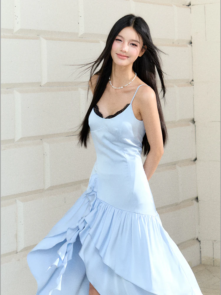 Blue Satin Lace Trim Dress