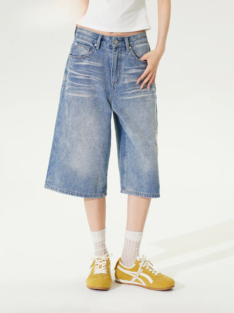 Distressed 7-inch Denim Straight Pants