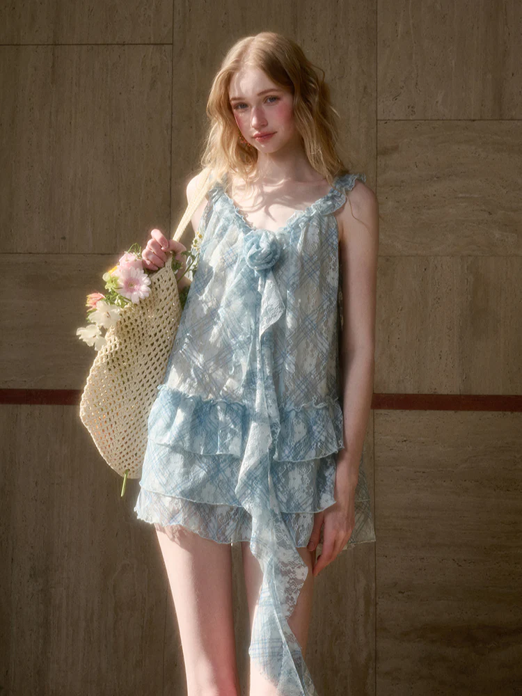 Lace Flower Ruffle Camisole Dress