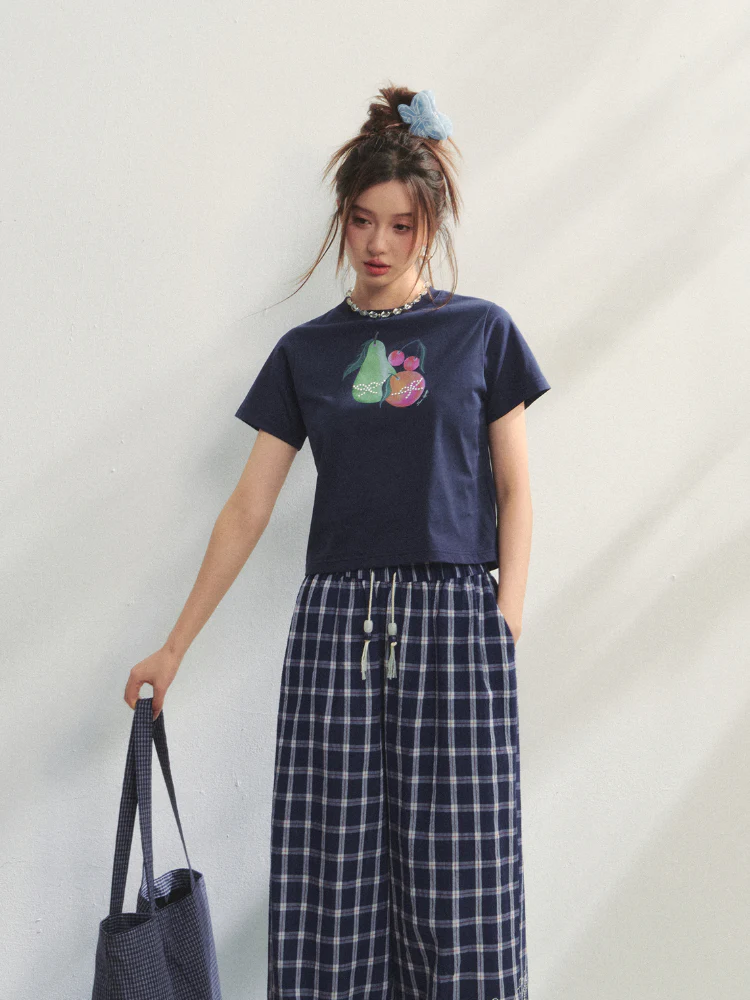 Checkered Strappy Rhinestone Turn-Up Straight-Leg Pants