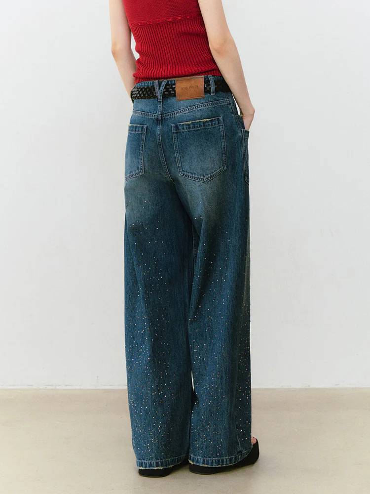 3D Rhinestone Wide - leg Denim Pants