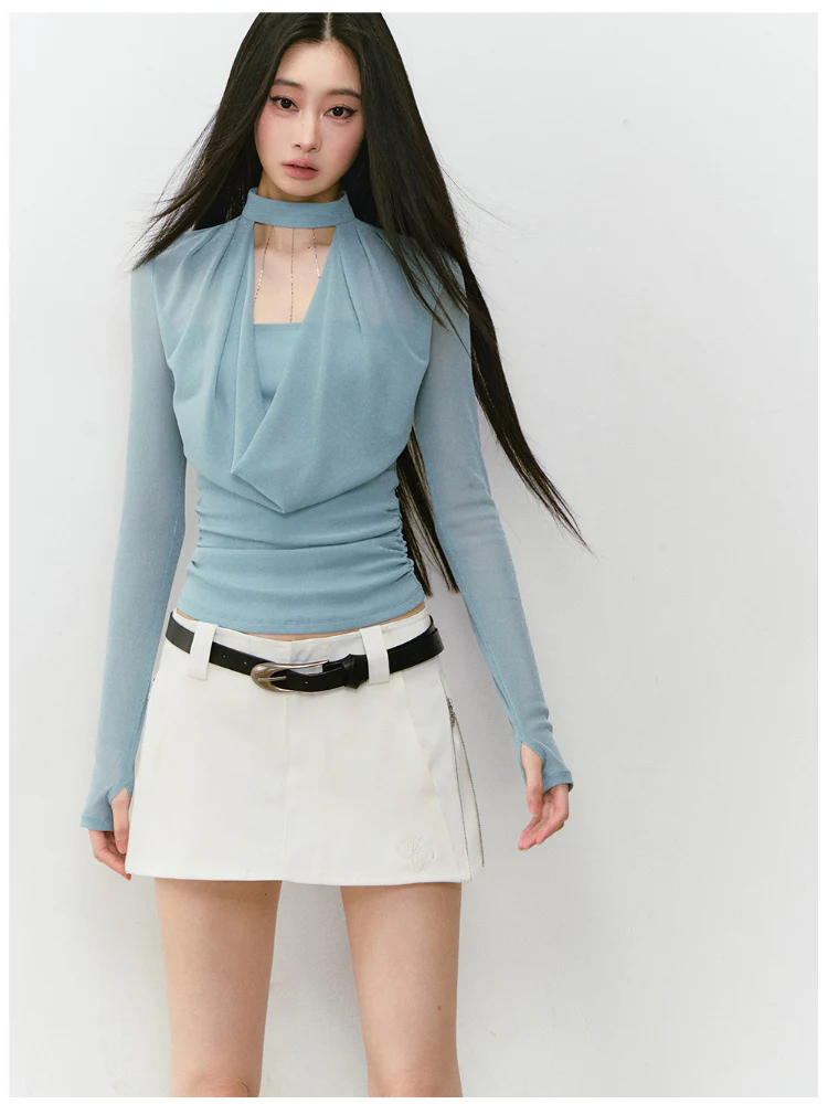 Chain Halter Draped Neck Fitted T-shirt