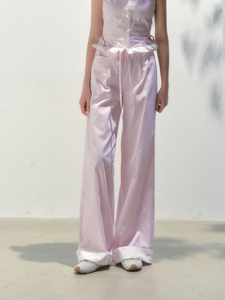 Vertical Striped Drawstring Waist Pink - Blue Pants