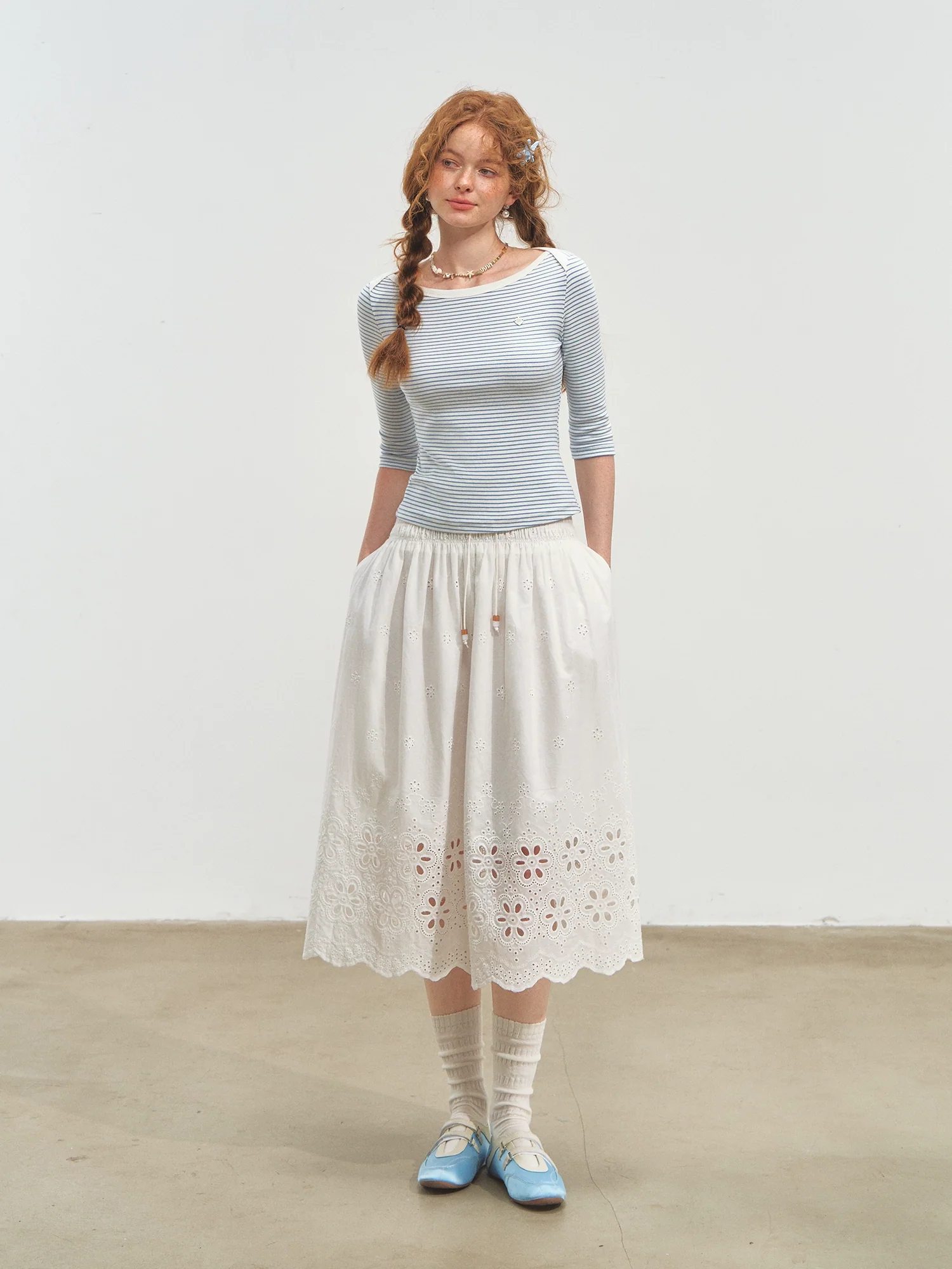 Envelope Neck Mid-sleeve Striped T-Shirt