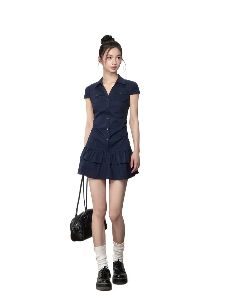 Waist-Cinching Elastic Short - Sleeve Shirt Dress