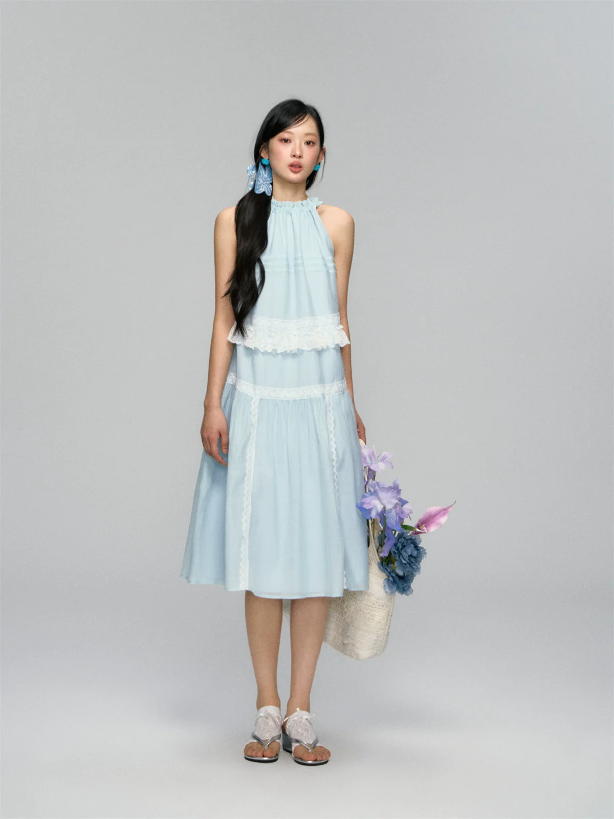 Halter Off-shoulder Lace-trimmed Dress