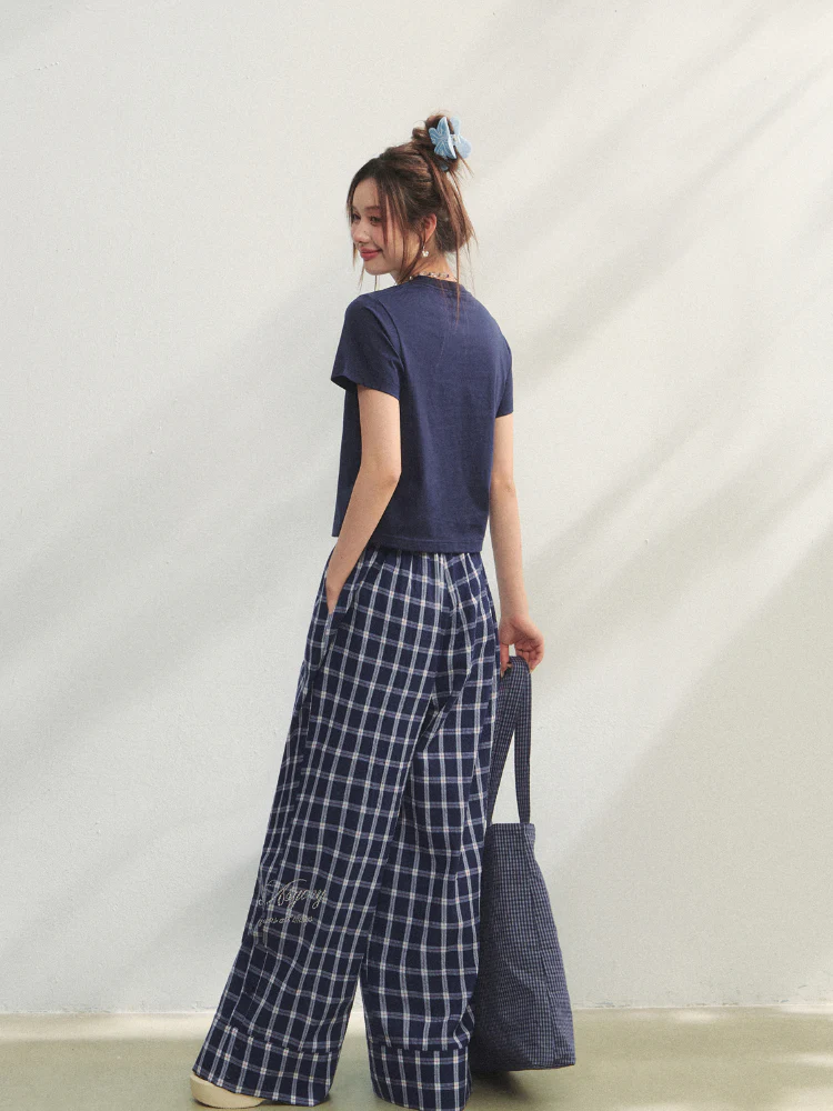 Checkered Strappy Rhinestone Turn-Up Straight-Leg Pants