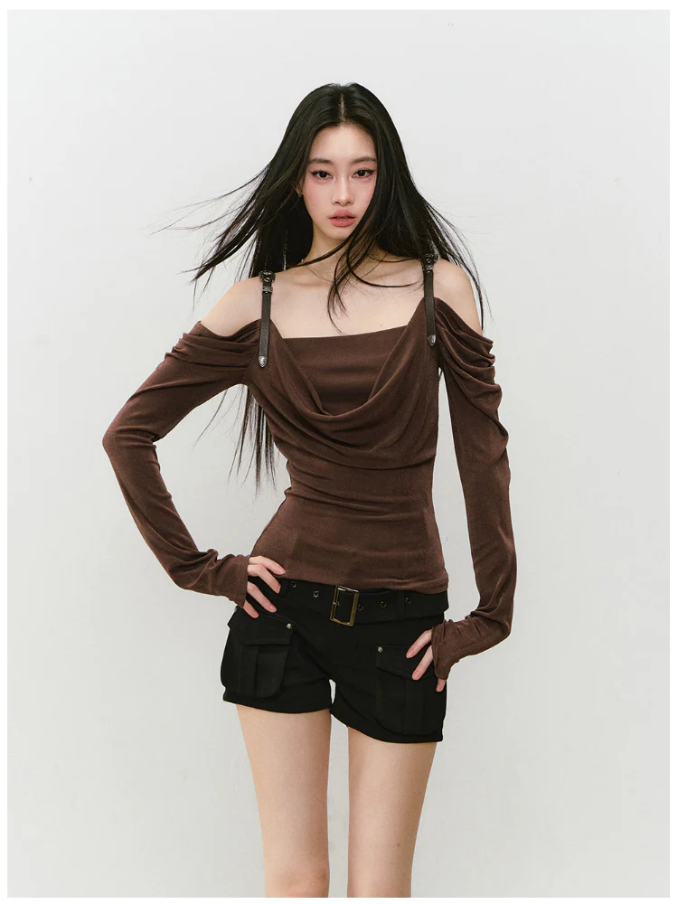 Draped Neck Leather Strap Acetate One-shoulder T-shirt
