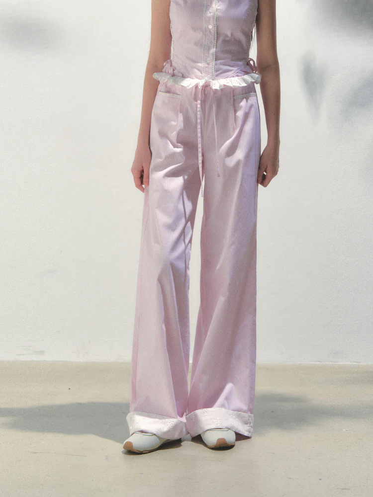 Vertical Striped Drawstring Waist Pink - Blue Pants