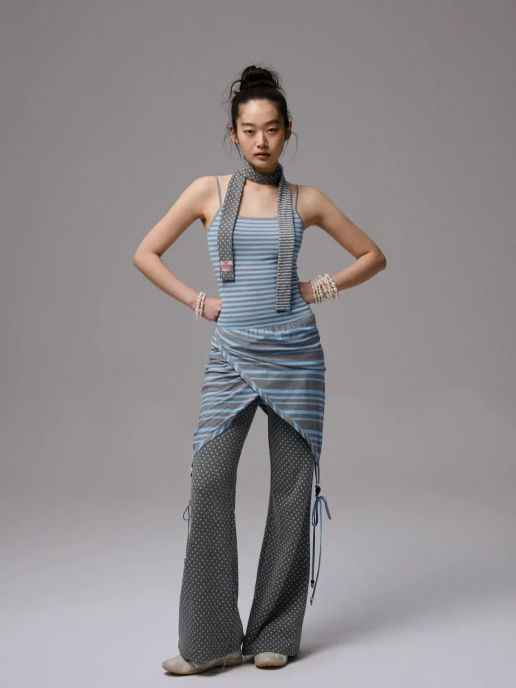 Blue-Gray Striped Two-Way Beaded Swing Collar Tank Top
