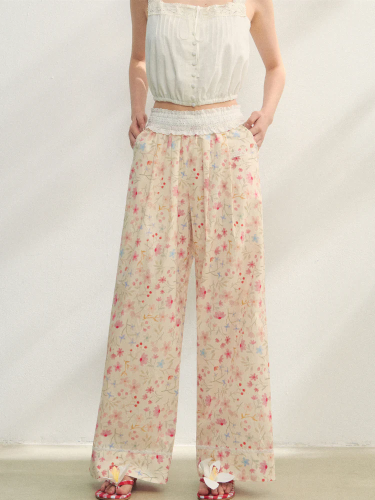Lace-Trimmed Waist-Tie Wide-Leg Pants