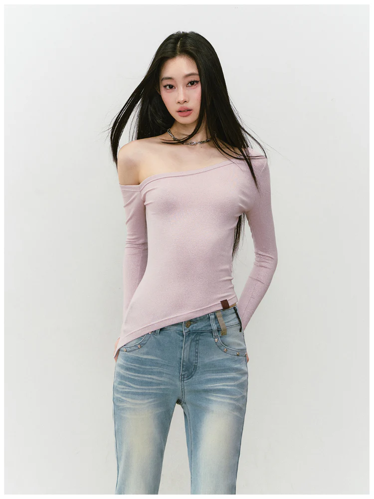 Shimmer Asymmetric Shoulder Irregular T-shirt