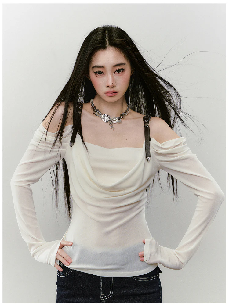Draped Neck Leather Strap Acetate One-shoulder T-shirt