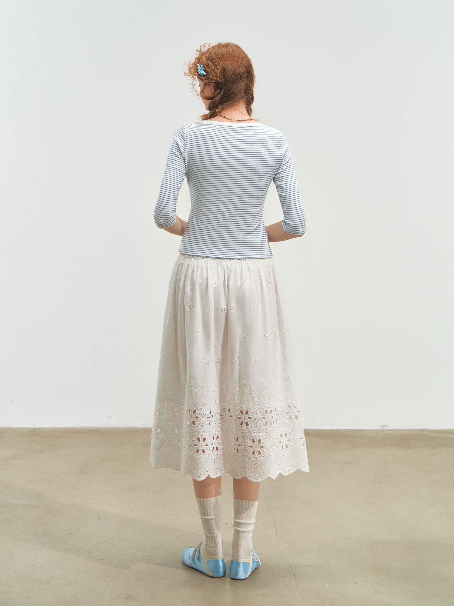 Envelope Neck Mid-sleeve Striped T-Shirt