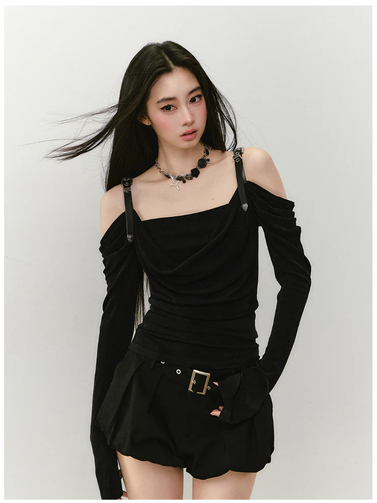 Draped Neck Leather Strap Acetate One-shoulder T-shirt