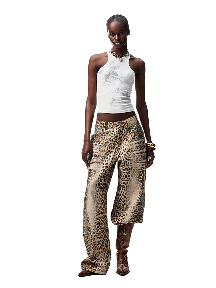 Washed Leopard Print Canvas Curved Pants