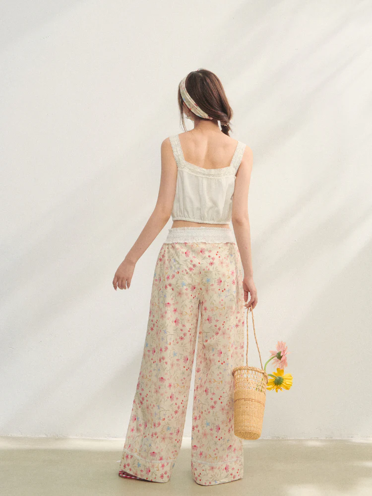 Lace-Trimmed Waist-Tie Wide-Leg Pants