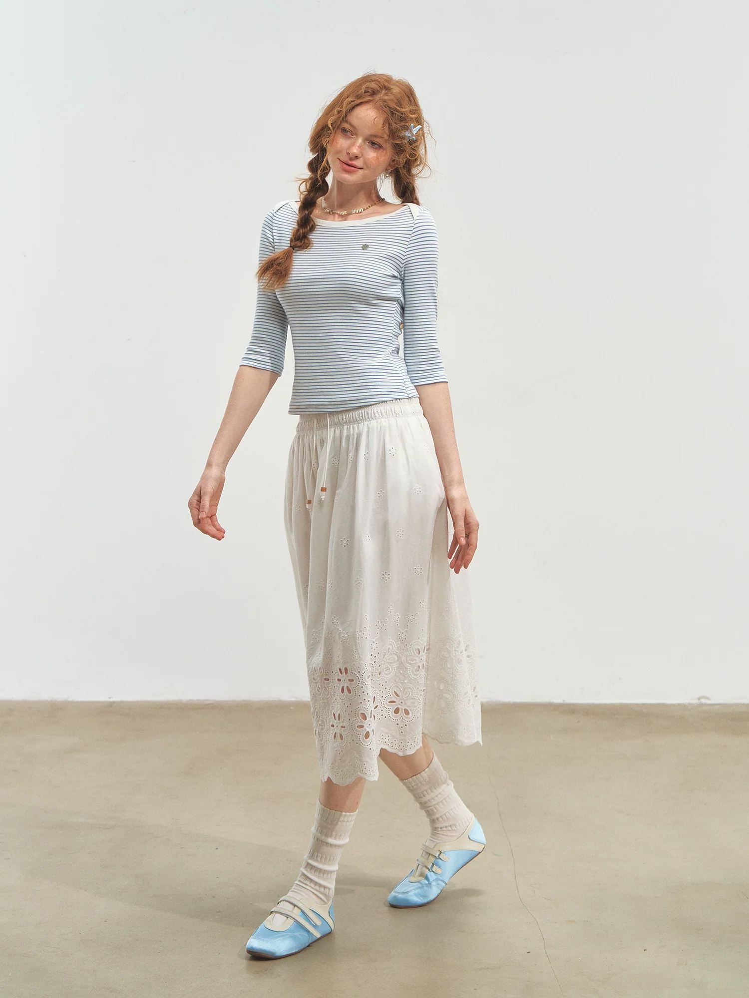 Envelope Neck Mid-sleeve Striped T-Shirt