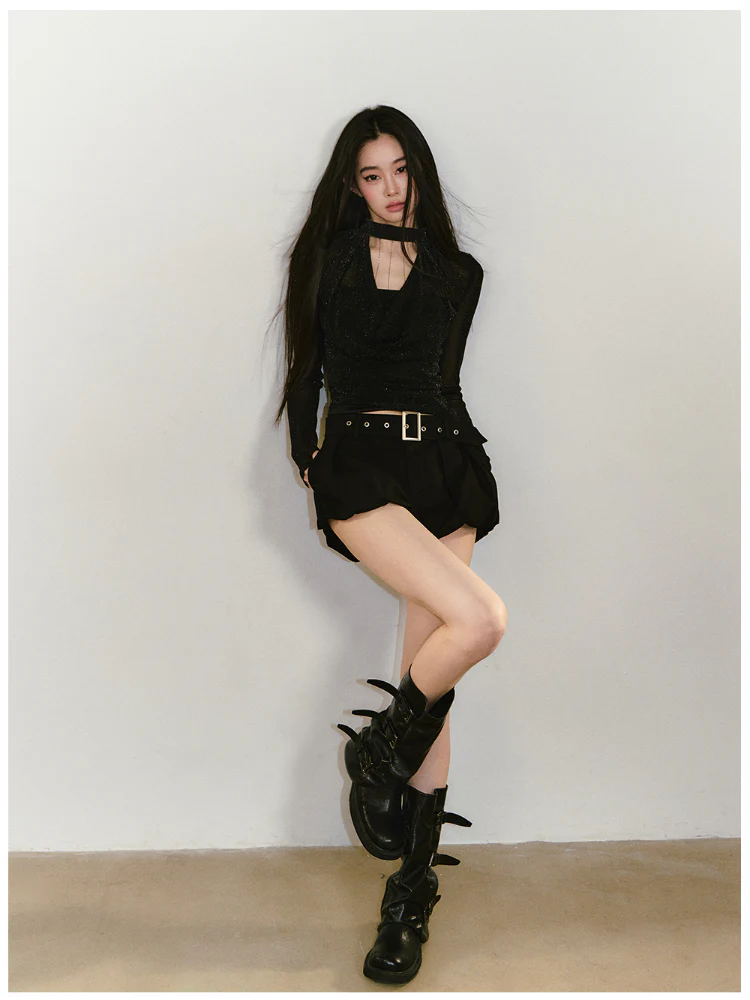 Chain Halter Draped Neck Fitted T-shirt