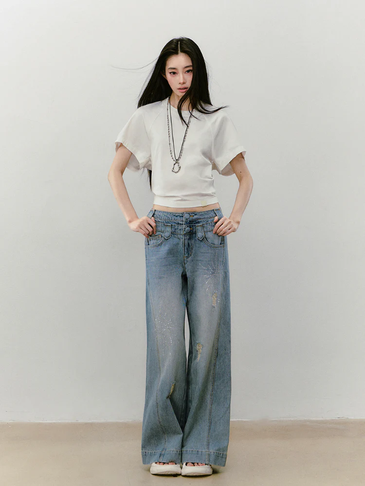 Large-sleeve Waist-fitted Crew Neck T-shirt