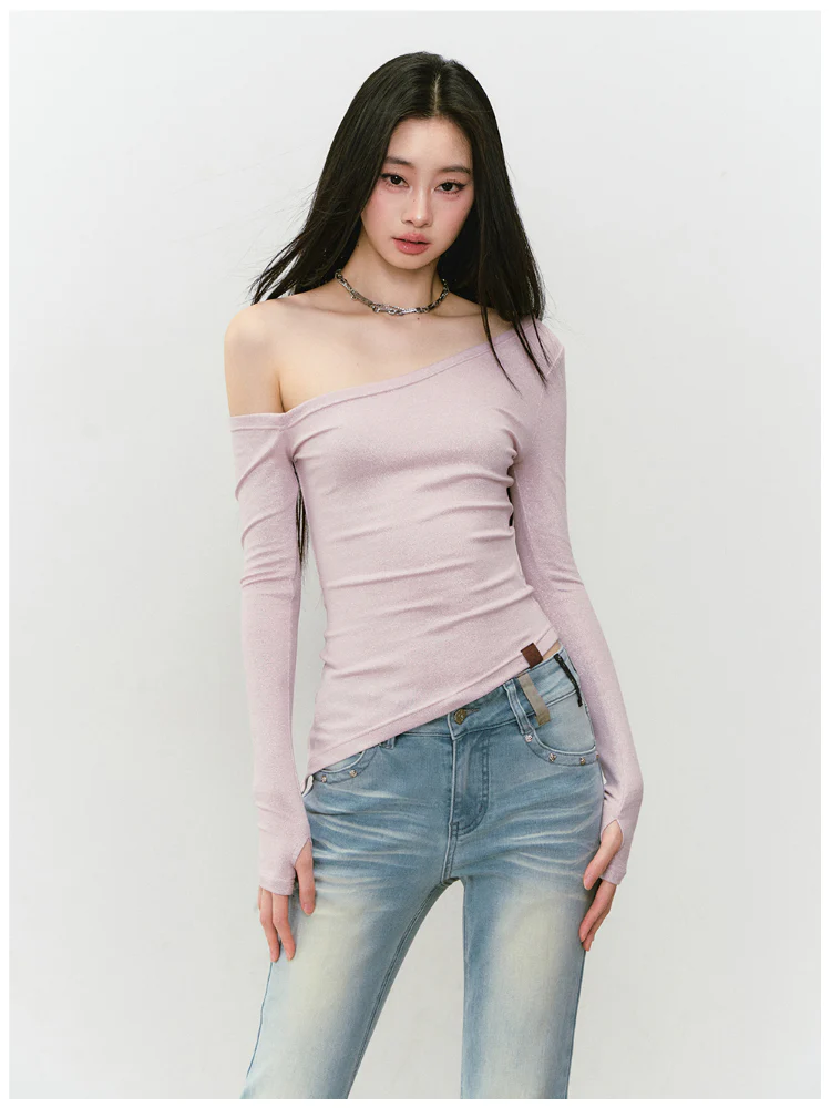 Shimmer Asymmetric Shoulder Irregular T-shirt