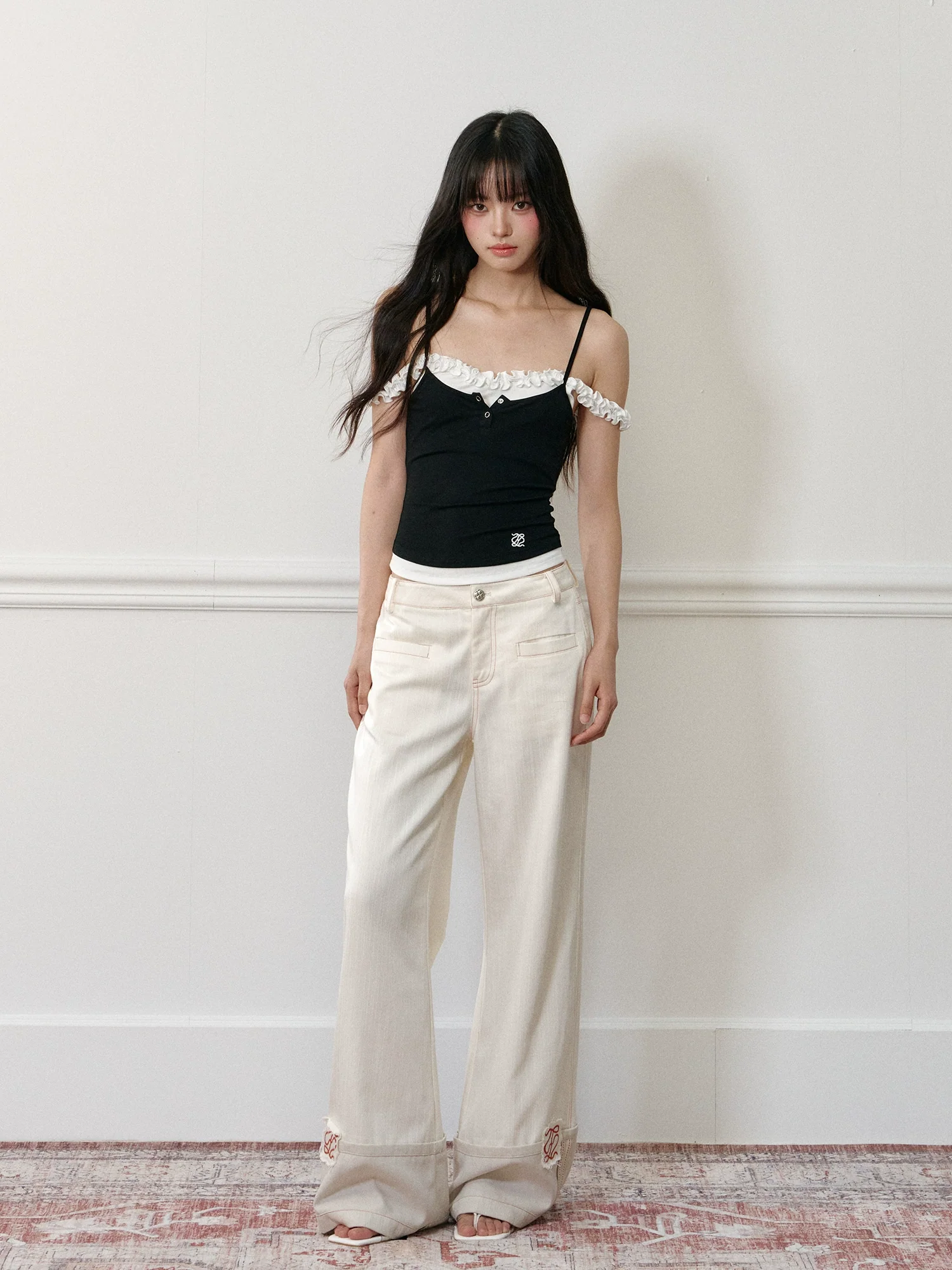 Applique Embroidered Cuffed Color - Block Jeans