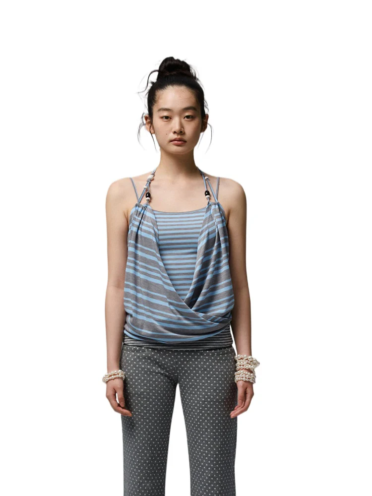 Blue-Gray Striped Two-Way Beaded Swing Collar Tank Top