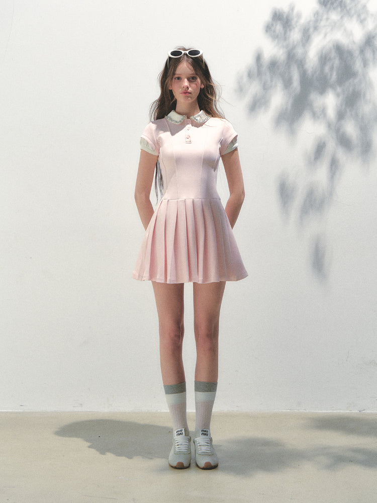 Polo Collar Rhinestone Pleated Dress