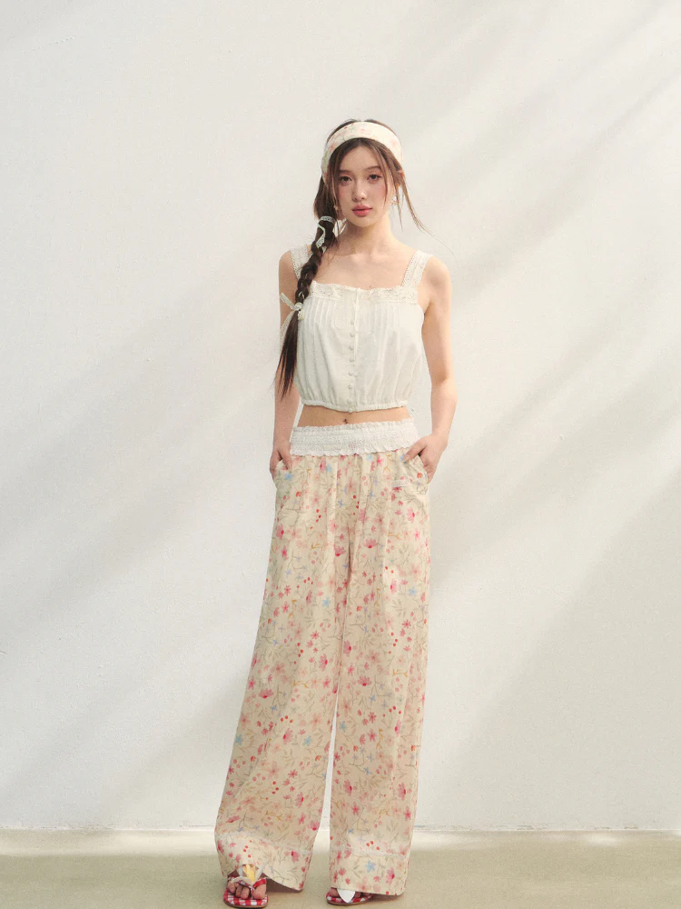 Lace-Trimmed Waist-Tie Wide-Leg Pants