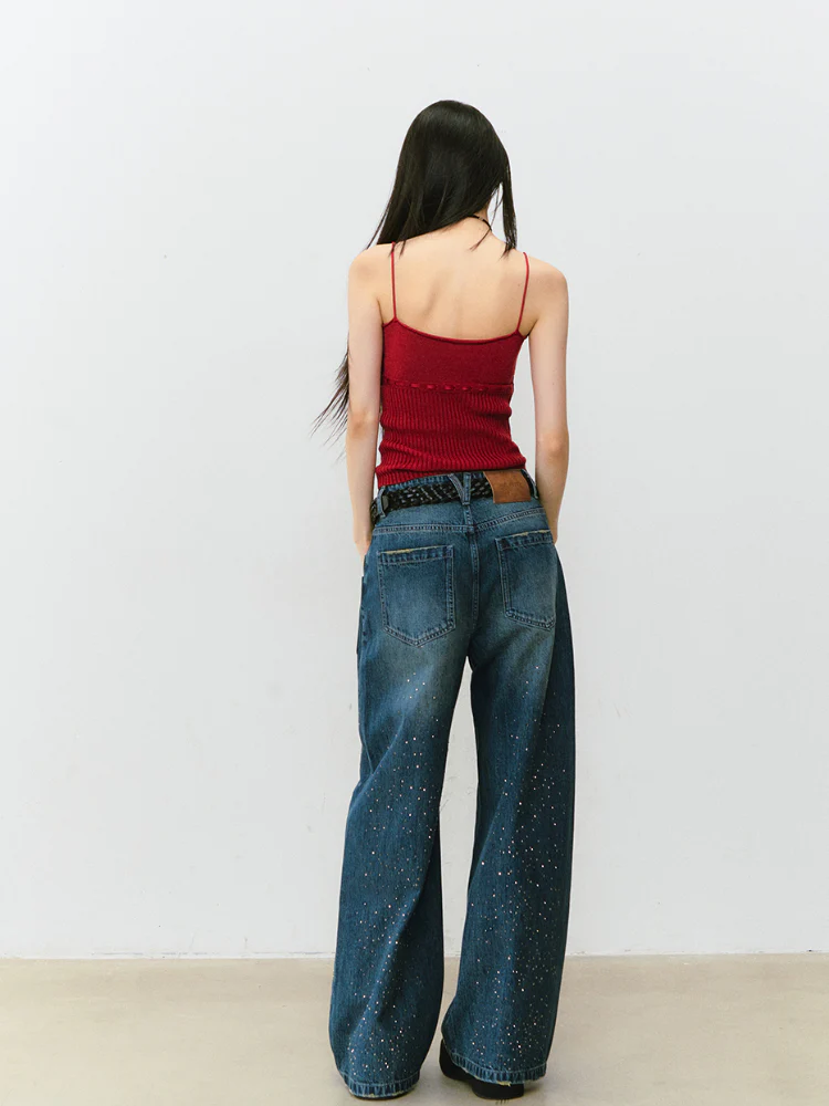 3D Rhinestone Wide - leg Denim Pants