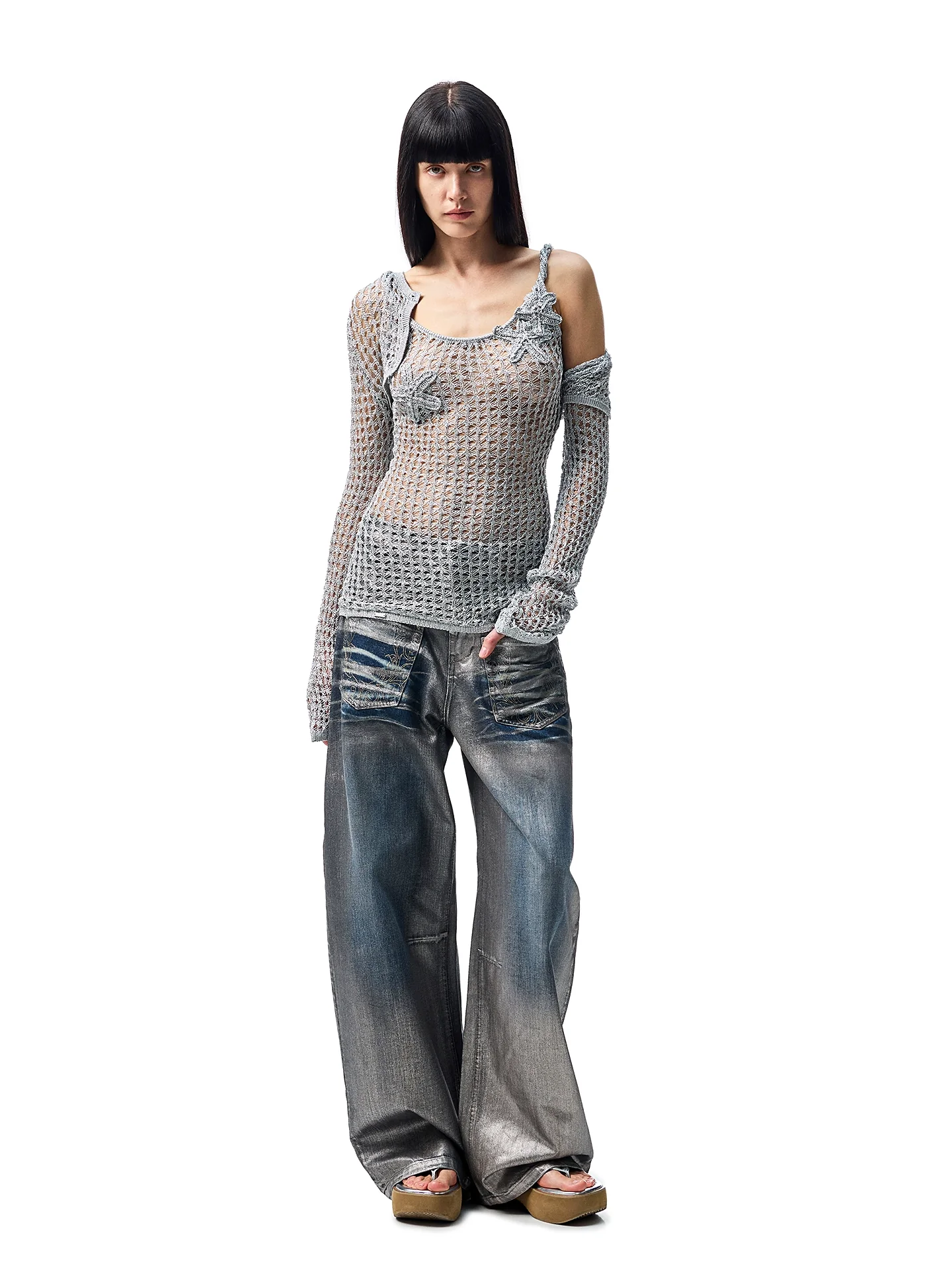 Silver-Foil Embroidered Straight-Leg Denim Curved Pants