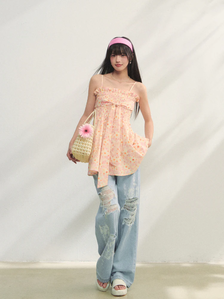 Lace-Trimmed Printed Rhinestone-Embellished Jeans