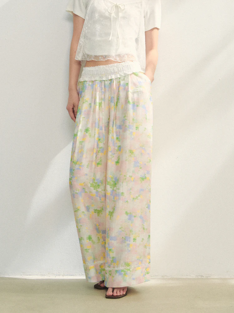 Lace-Trimmed Waist-Tie Wide-Leg Pants