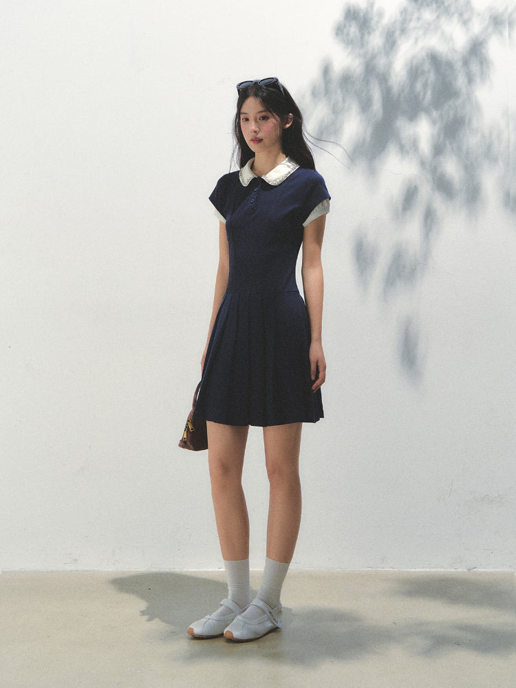 Polo Collar Rhinestone Pleated Dress