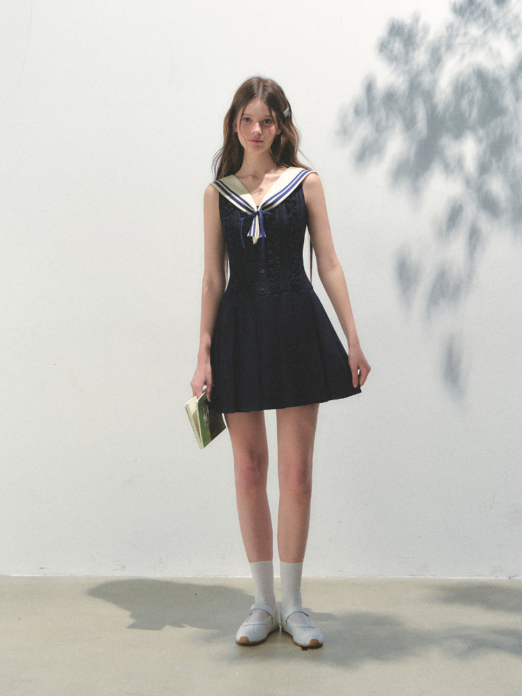 Detachable Sailor-collar Pleated Dress
